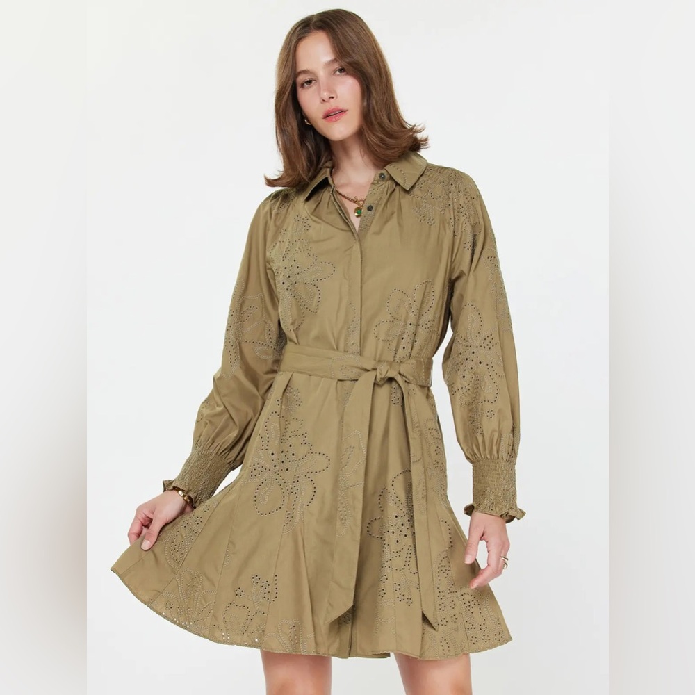 Current Air Isla Belted Dress Embroidered Cotton Long Sleeve Olive Khaki Xs